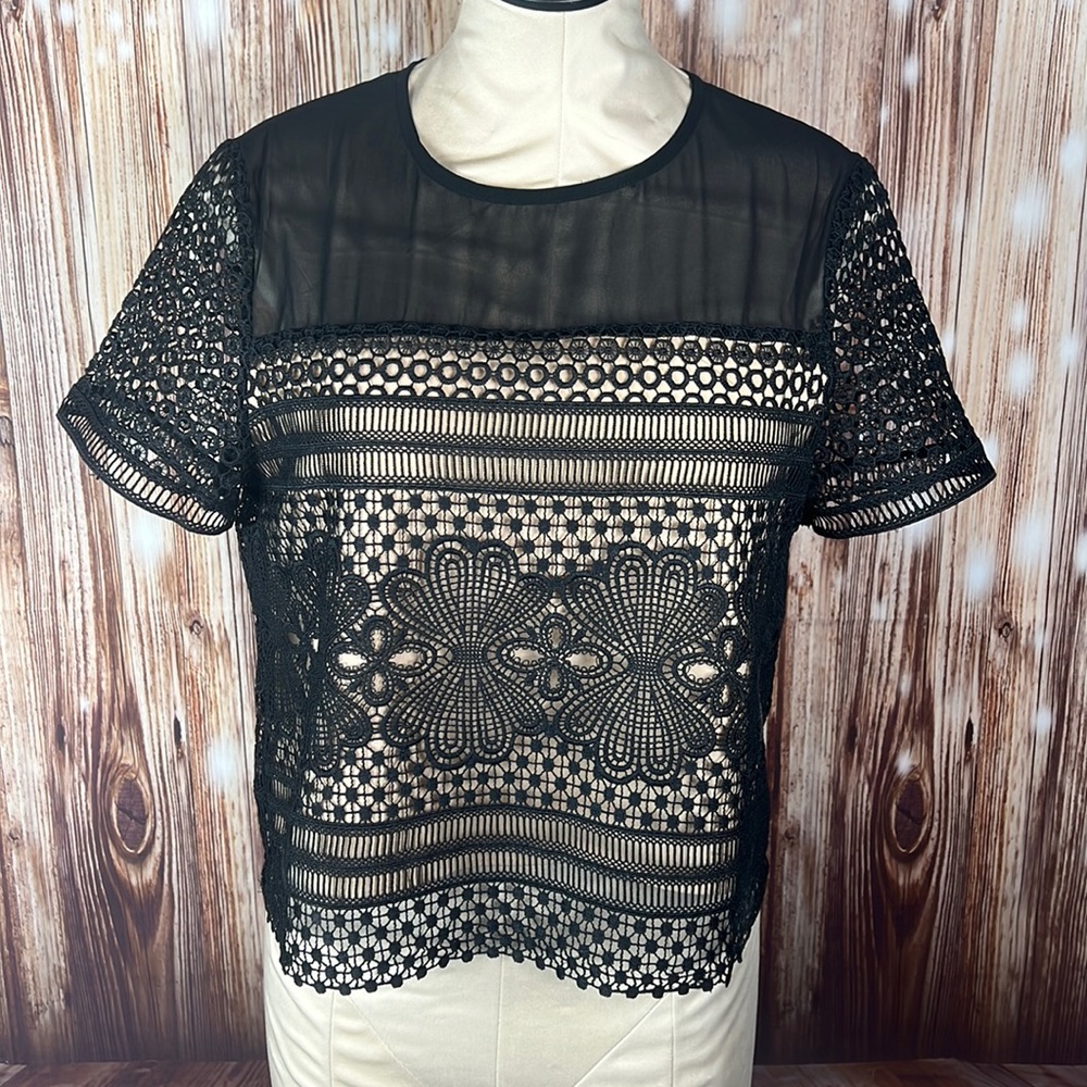 Jenn Black Cropped Embroidered Short Sleeved Top Medium